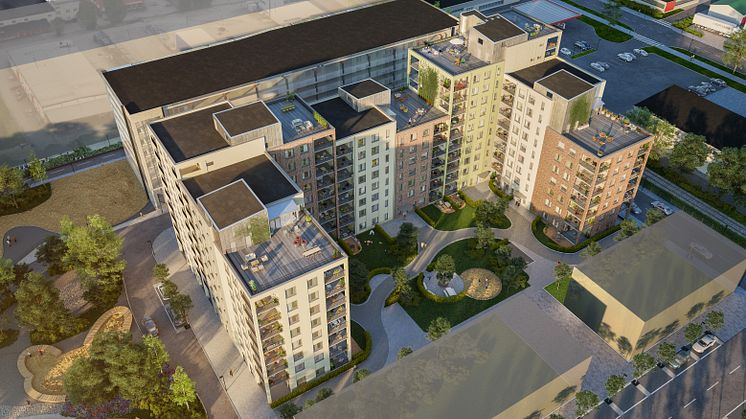 Kvarteret får mycket varierad arkitektur. Takterrasserna utgör välkomnande vistelseytor för de boende. Bild: Clarus Arkitekter/Sightline
