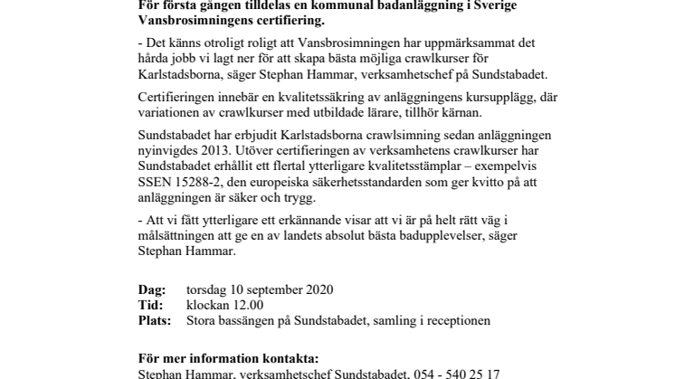 Pressinbjudan: Sundstabadet först med unik crawlcertifiering