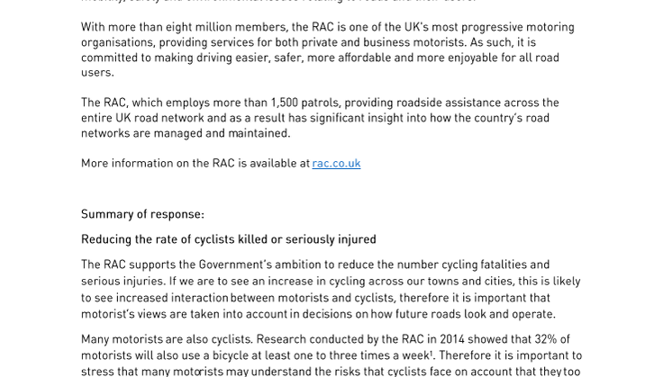 RAC response to the DfT draft walking and cycling strategy