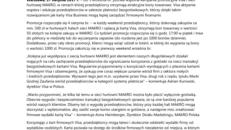 50 zł na kolejne zakupy dla przedsiębiorców od Visa i MAKRO 