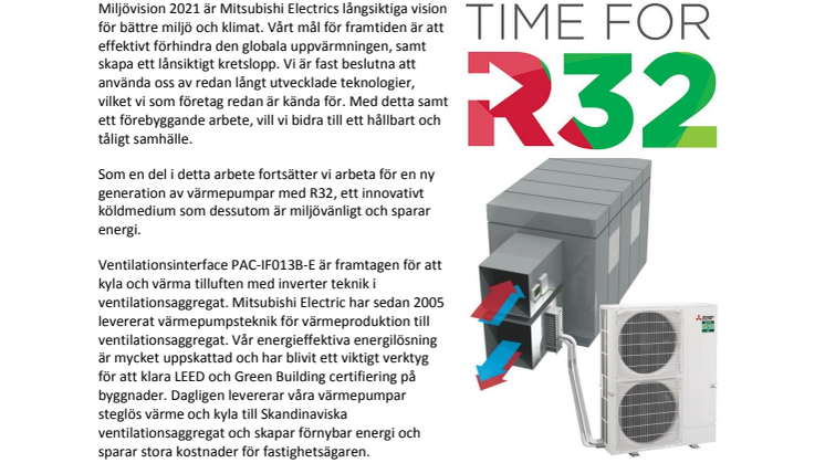 ​Effektiv steglös R32 utomhusdel nu med värme- och kylproduktion till ventilation med ventilationsinterface PAC-IF013