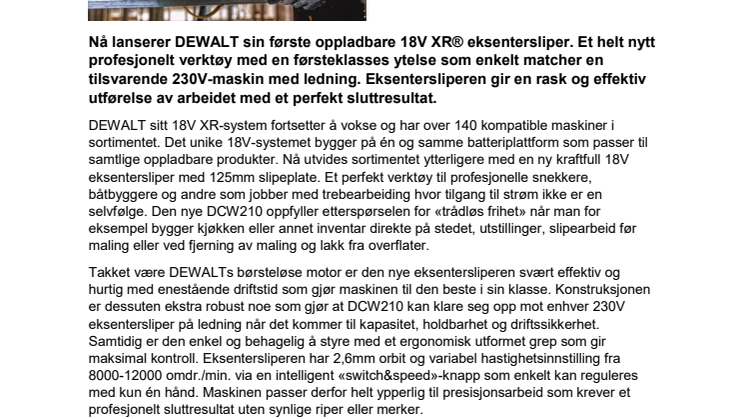 DEWALT® lanserer oppladbar 18V XR® eksentersliper