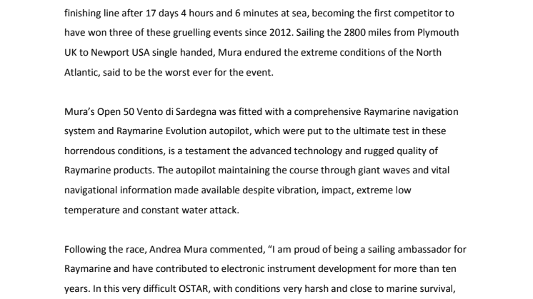 Raymarine: Andrea Mura First to Finish OSTAR