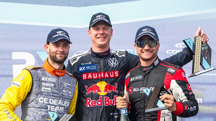 Pallen i World RX of Norway; Niclas Grönholm, Johan Kristoffersson och Timo Scheider.