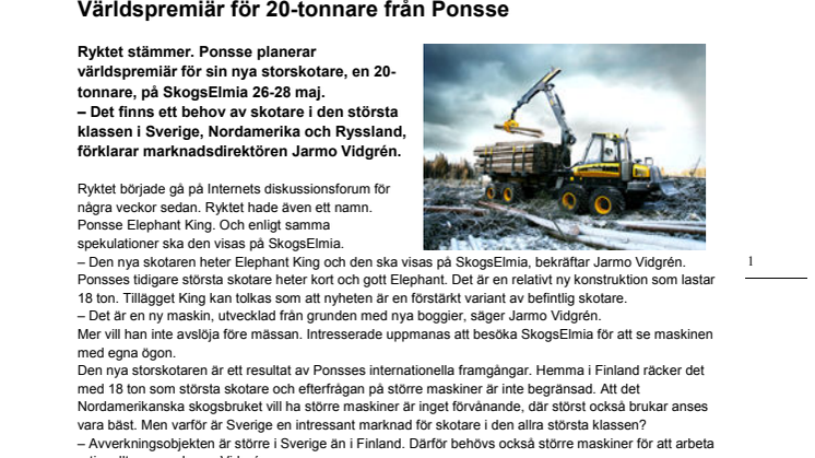 Världspremiär på SkogsElmia för 20-tonnare från Ponsse