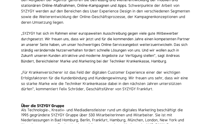 Neugeschäftserfolg für SYZYGY: Das Frankfurter Office betreut ab Oktober 2015 die Techniker Krankenkasse 