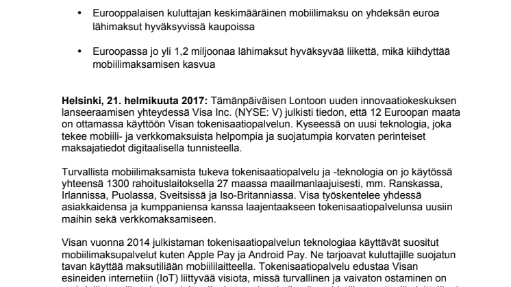 Visan tokenisaatiopalvelu tuo mobiilimaksamisen 12 Euroopan maahan vuoden 2017 loppuun mennessä