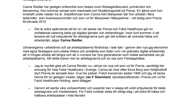 Carina Reidler ny vd för Previa