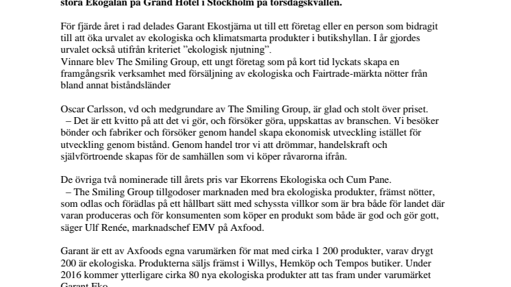 Garants ekopris till The Smiling Group - Axfoods ekologiska försäljning ökade med 43 procent 2015