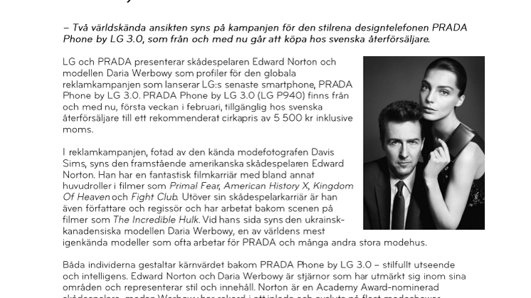 Edward Norton och Daria Werbowy lanserar PRADA Phone by LG 3.0