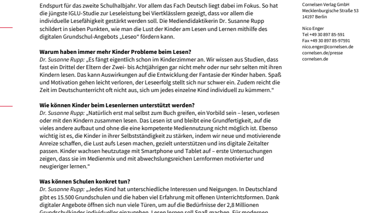 Online-Angebot „Leseo“ zur digitalen Leseförderung: Interview mit Cornelsen-Grundschulleiterin Dr. Susanne Rupp