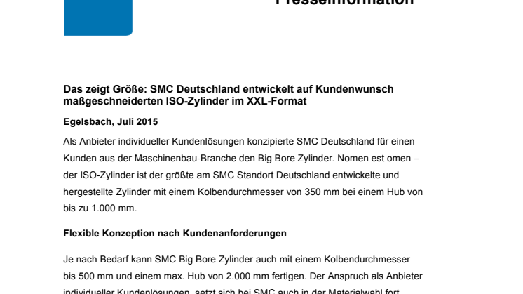 Das zeigt Größe: SMC Deutschland entwickelt auf Kundenwunsch maßgeschneiderten ISO-Zylinder im XXL-Format
