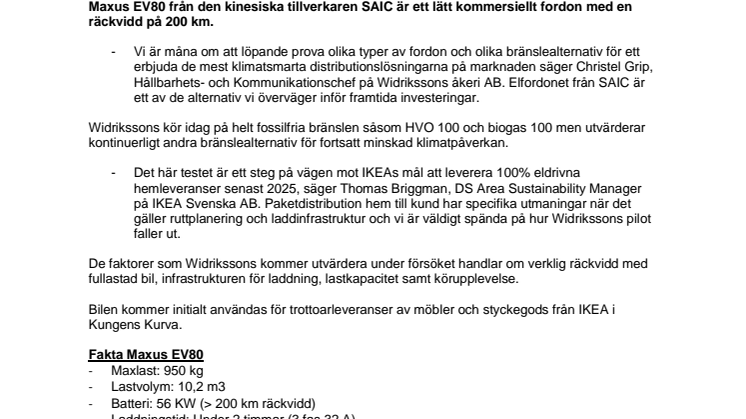 Widrikssons testar elfordon för möbeldistribution