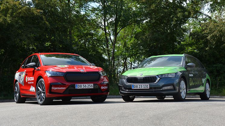 Både Škoda Enyaq og Škoda Octavia er i finalen i Årets Brugtbil 2024. På fotoet er de to populære familiebiler klædt på til cykelløb.