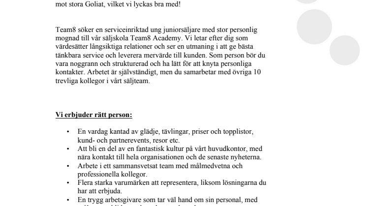 Juniorsäljare sökes till Team8 Academy