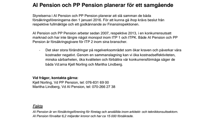 AI Pension och PP Pension planerar för ett samgående