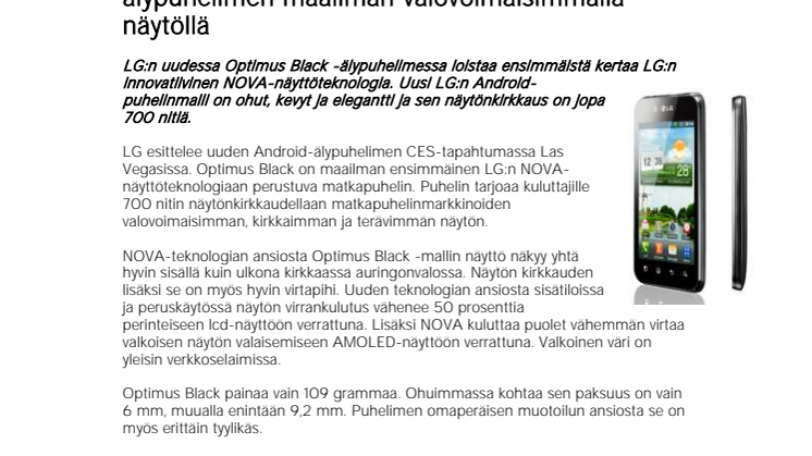 LG esittelee uuden Optimus Black -älypuhelimen maailman valovoimaisimmalla näytöllä 