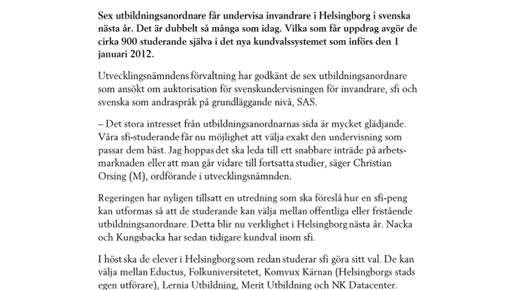 Sex utbildningsanordnare godkända för Sfi 