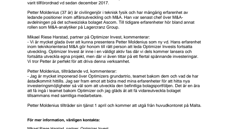 Petter Moldenius ny vd på Optimizer Invest