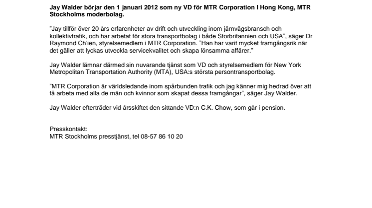 Ny VD för MTR i Hong Kong