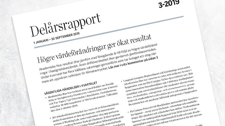 Akademiska Hus delårsrapport 1 januari – 30 september 2019