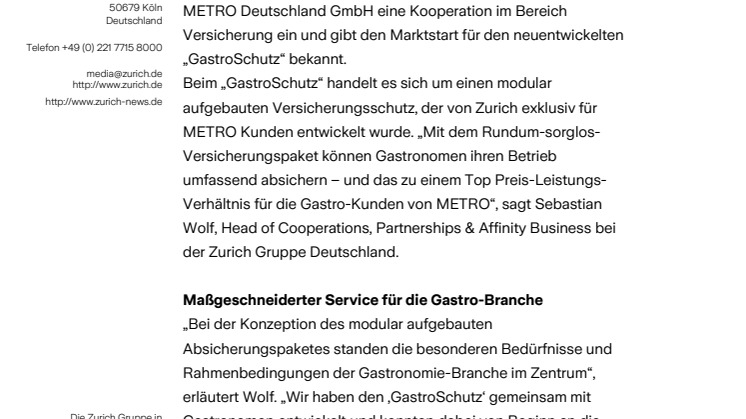 Zurich und METRO Deutschland vereinbaren Kooperation für die Gastronomie-Branche