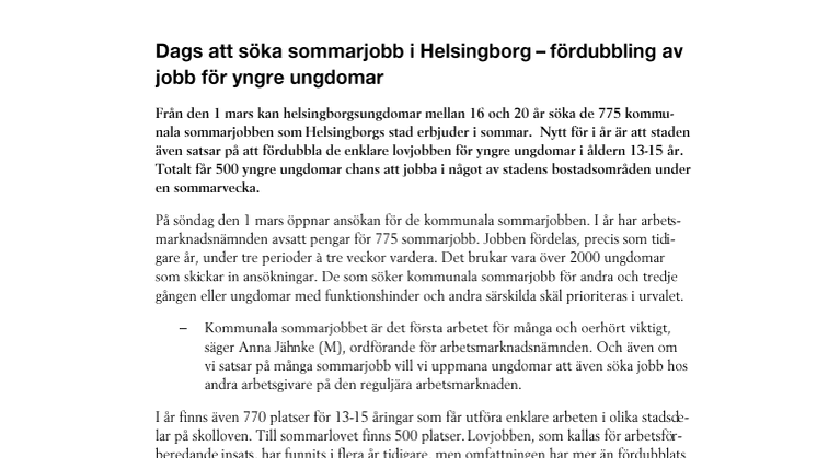 Dags att söka sommarjobb i Helsingborg – fördubbling av jobb för yngre ungdomar