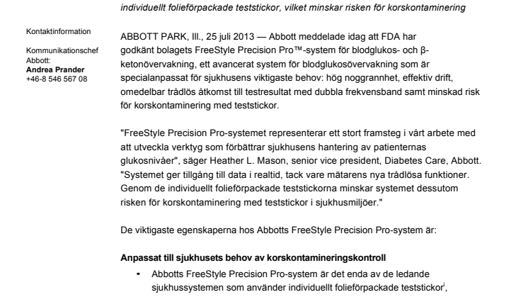 Abbott får FDA-godkännande för FreeStyle Precision Pro™-systemet för blodglukos- och β–ketonövervakning