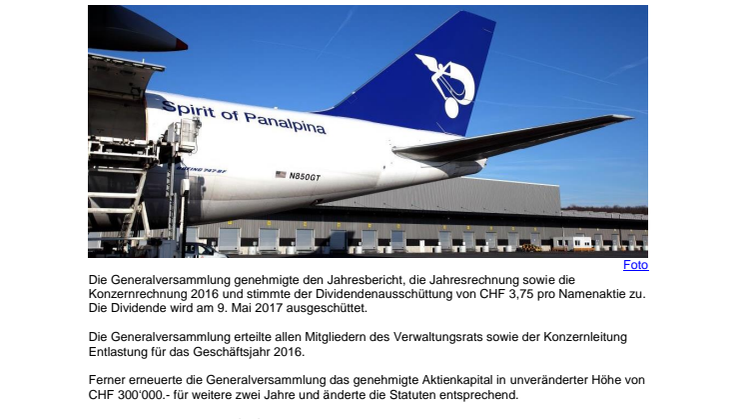 Generalversammlung 2017 genehmigt alle Anträge des Verwaltungsrats