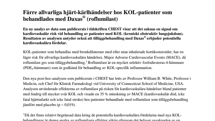 Uppgifter i CHEST visar på färre allvarliga hjärt-kärlhändelser hos KOL-patienter som behandlades med Daxas® (roflumilast)