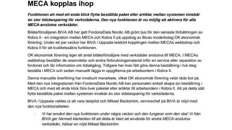 Reservdelsbeställning förenklad när Kobra II och MECA kopplas ihop