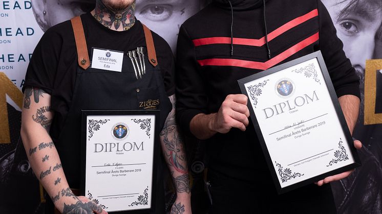Semifinal 2 i Årets barberare 2019 - Eda Edgren från Zigges Barberare i Linköping (2:a plats) och "Abbe" Abdulla Al-Jadir från Wau Barbershop i Västerås (1:a plats).
