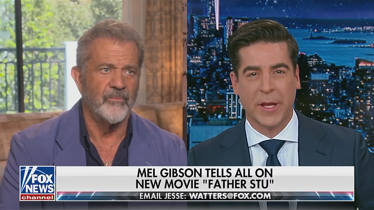 Celebrity Mel Gibson being interviewed by Fox News anchor Jesse Watters