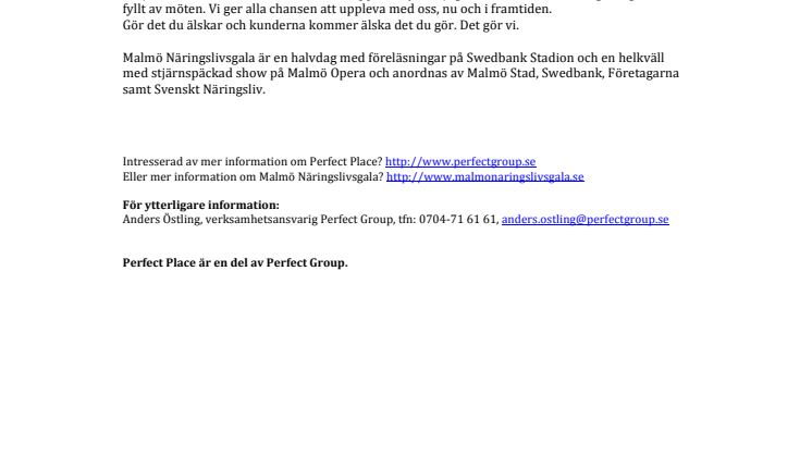 Perfect Place sponsrar Malmö Näringslivsgala