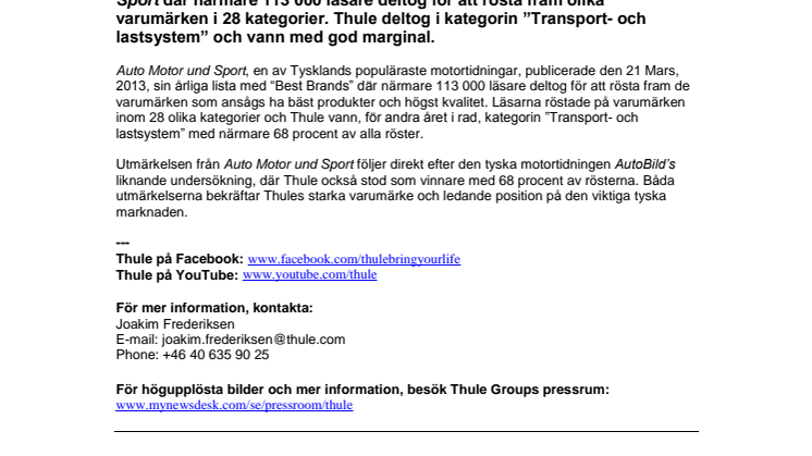 Thule utnämnt till “Best Brand” för andra året i rad av tyska Auto Motor und Sport’s läsare