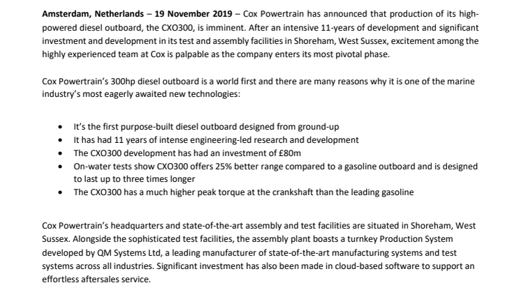 METSTRADE 2019:  Cox Powertrain All Set for Production of the CXO300 Diesel Outboard