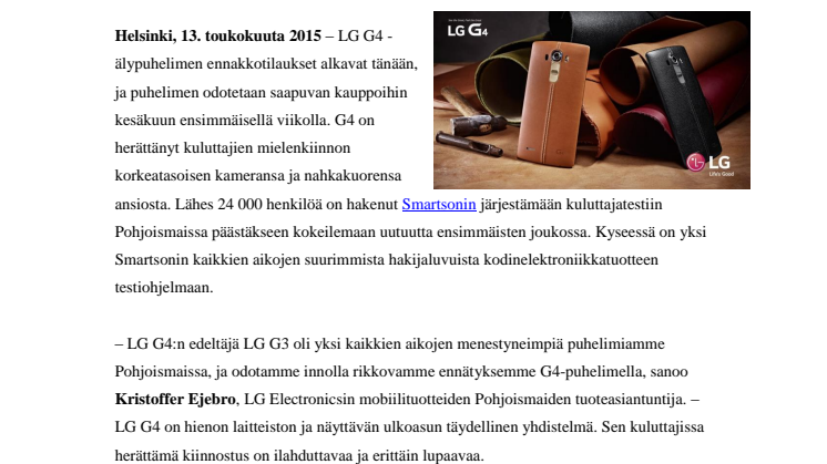 LG G4 SAAPUU SUOMEEN KESÄKUUSSA – UUTUUS ON HERÄTTÄNYT PALJON KIINNOSTUSTA 
