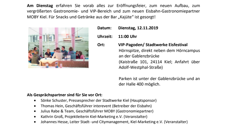 Einladung zum Presse- und Fototermin: Stadtwerke Eisfestival diesmal an der Hörnspitze Kai-City Kiel