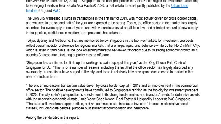 Singapore Named Top Investment Market in Asia Pacific,  According to Emerging Trends in Real Estate® 2020 Report