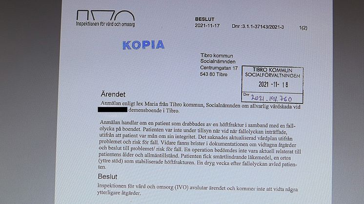 IVO avslutar Lex-Maria-ärende: Tibro vidtar åtgärder efter fallolycka