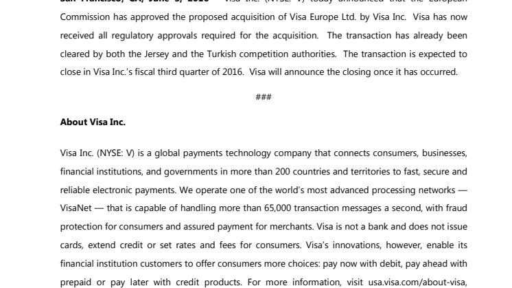 European Commission Approves Visa Inc.’s Acquisition of Visa Europe