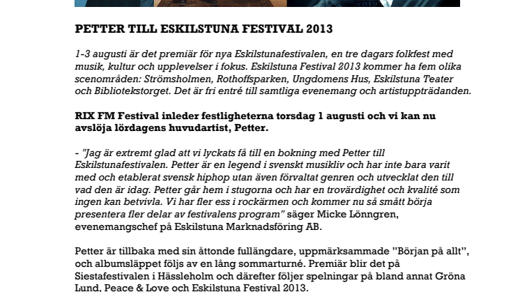 Petter till Eskilstuna Festival 2013