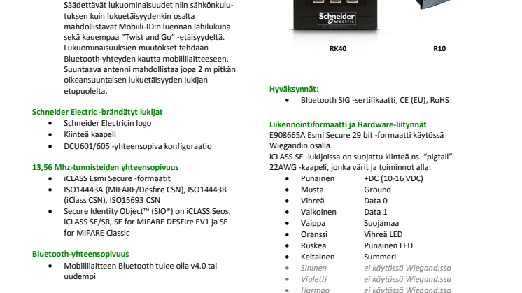 Datalehti: HID:n matkapuhelinluennalla varustetut R10 SE- ja RK40 SE iClass-lukijat 