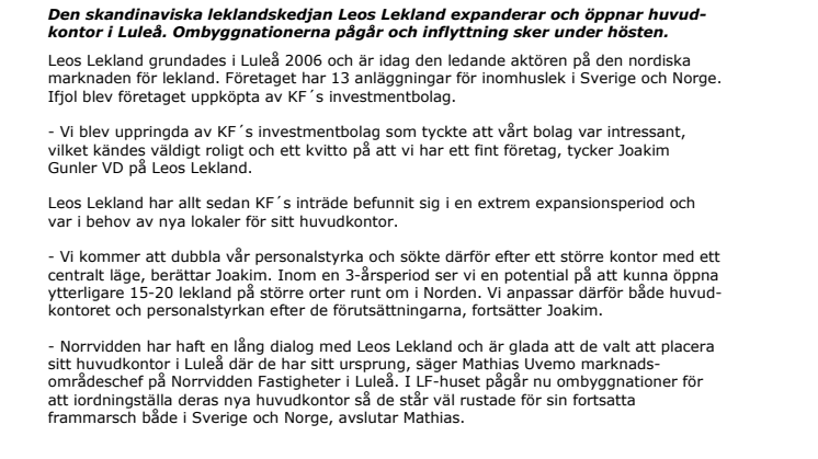 Leos Lekland öppnar huvudkontor i Luleå