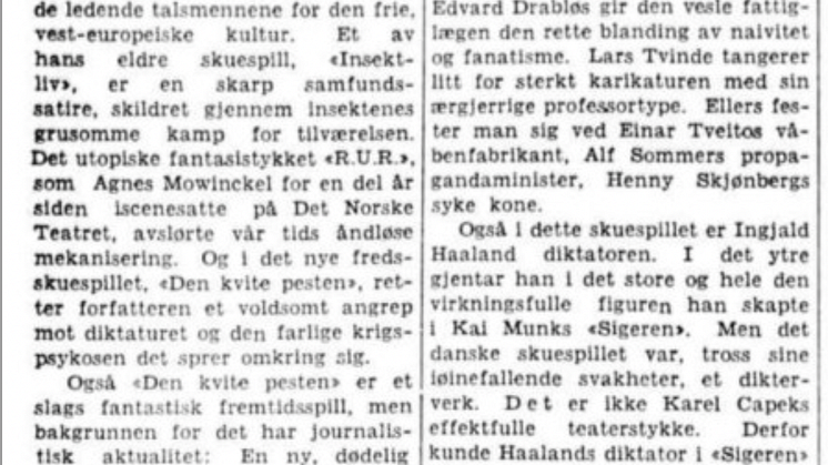 Aftenpostens teaterkritikk av Den kvite pesten, 1937