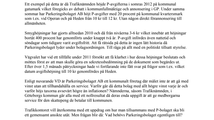 Vägvalet lämnar motion om att avveckla Parkeringsbolaget AB