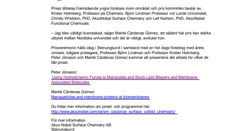 AkzoNobels Nordiska pris i yt- och kolloidkemi delas idag ut i Stenungsund