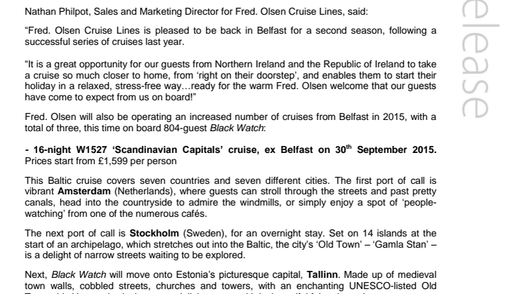 Fred. Olsen Cruise Lines commences second cruise season from Belfast with Boudicca