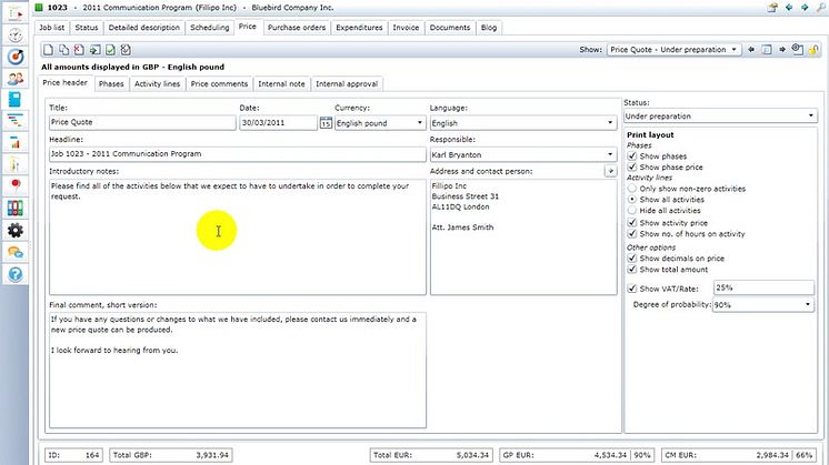 Creating a WorkBook price quote