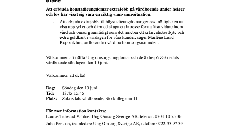 Pressinbjudan: Extrajobb för ungdomar skapar guldkant för äldre
